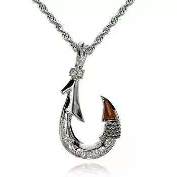Hawaiian Jewelry Fish Hook Pendant Necklace Koa Wood Silver 925 Chain 45cm [Leilani] Men s (Rope Included)