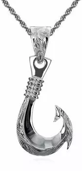 Hawaiian Jewelry Fish Hook Scroll Carved Fish Hook Pendant Necklace for Men Silver 925 40cm rope [Leilani] (with chain)