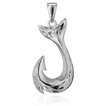 Hawaiian Jewelry Fish Hook Scroll Engraving Fish Hook Pendant Necklace Silver 925 [Leilani] Men s (No Chain)