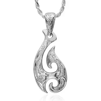 Hawaiian Jewelry Fishhook Pendant Necklace Silver 925 Rope Chain [Leilani] Men s (With 60cm)