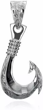 Hawaiian Jewelry Fishhook Scroll Engraved Fish Hook Pendant Necklace Silver 925 [Leilani] Men s (No Chain)