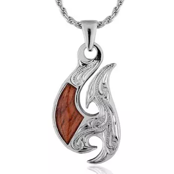 Hawaiian Jewelry Koa Wood Fish Hook Pendant Necklace for Silver 925 50cm rope [Leilani] Men, (with chain)