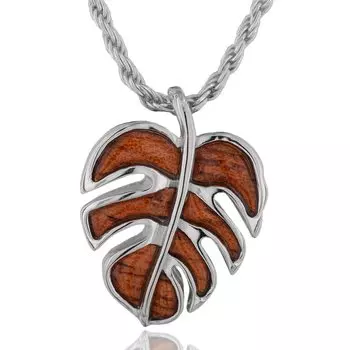 Hawaiian Jewelry Koa Wood Monstera Pendant Necklace Silver 925 Chain 45cm [Leilani] Men s (Rope Included)