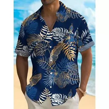 Hawaiian Plant Golden Leaves 3D Print Men s Hawaiian Shirt Outdoor Street Casual Summer Turndown Short Sleeve Polyester Shirt S
