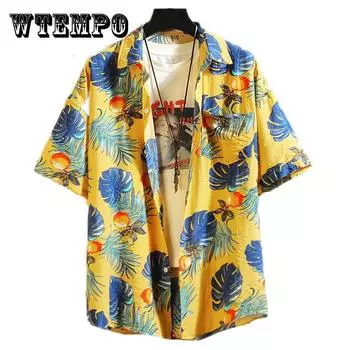 Гавайские рубашки Пляжная футболка с принтом листьев и фруктов Футболка с коротким рукавом Ретро-одежда Топ на пуговицах Свободная верхняя рубашка Повседневное мужское нижнее белье XXL темно-синий