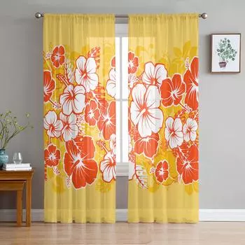 Hawaiian Tropical Flower Summer Voile Sheer Curtains Living Room Window Chiffon Tulle Curtain Kitchen Bedroom Drapes Home Decor 135W x 114H(cm)
