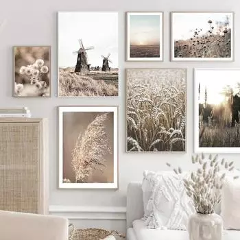Hay Reed Wall Art Натуральный постер и принты Ветряная мельница Закат Скандинавская картина на холсте для спальни Настенная картина Украшение картин 21x30cm No Frame
