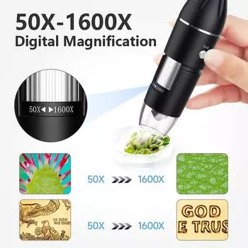 Hayve 1600X USB-микроскоп 1080P HD Паяльный микроскоп с 8 светодиодами Совместим с Android, Mac, Windows (X4) 1600X чёрный