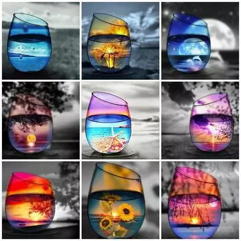 HC Алмазная картина Пейзаж Полная площадь Алмазная вышивка Чашка воды Украшение Мозаика 30*30 cm