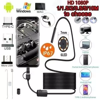 HD-эндоскопическая камера USB 3IN1, тип HD-эндоскопа, жесткий провод 5,5/7 мм, 2 м, 5 м, 10 м, эндоскопическая камера, осмотр промышленного трубопровода, кондиционирования воздуха 7mm- 2m Hard wire чёрный