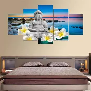 HD Холст Рамка Настенный Художественный Плакат Украшение Дома Современные 5 Панель Цветы Будды Гостиная Печать Живопись Модульные Картины 20x35cm*2 20x45cm*2 20x55cm*1