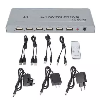 HD Мультимедийный KVM-переключатель 4K 60 Гц 4 в 1 выход Multi Viewer Бесшовный коммутатор с инфракрасным пультом дистанционного управления EU Plug