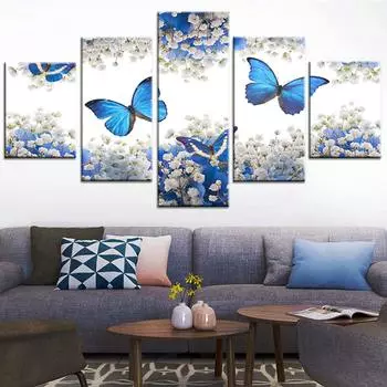 HD напечатано 5 шт. холст синяя бабочка живопись декоративные картинки 20x35cm*2 20x45cm*2 20x55cm*1