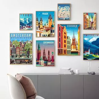 Hd печать холст художественная живопись европейский плакат Амстердам Дания Стокгольм город винтажные путешествия города пейзаж настенная художественная картина 21cm30cm NoFrame