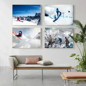 HD Печать Холст Картина Маслом Катания На Лыжах В Заснеженных Горах Винтажный Стиль Плакат Ледовый Спорт Картина для Домашнего Настенного Художественного Украшения 21cm30cm NoFrame