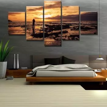 HD Печать Модульная 5 шт. Восход Рыбалка Картина Холст Настенная картина Картина Домашнее украшение Гостиная Холст Картина Без рамки 20x35cm*2 20x45cm*2 20x55cm*1