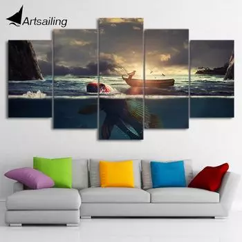 HD Печатный 5 шт. Холст Искусство Закат Рыбацкая Лодка Картина Рамка Большая Рыба Настенные Панно для Гостиной 20x35cm*2 20x45cm*2 20x55cm*1