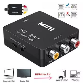 HDMI 2AV RCA/CVSB L/R видео к HDMI-совместимому адаптеру AV-скалера HD Video Converter Box 1080P Поддержка NTSC PAL YSL чёрный