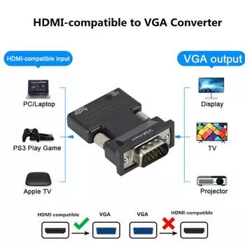 HDMI Female To VGA Male Converter With Audio 3.5mm Подходит для проекторов Высокой Четкости Компьютерных Мониторов Разъемы для Телевизионных Приставок чёрный