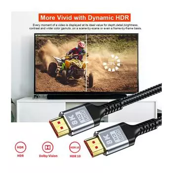 HDMI-совместимые кабели 2.1 48 Гбит/с, сверхвысокоскоростной плетеный шнур 8K 4K при 120 Гц 8K при 60 Гц HDCP 2.2 и 2.3 HDR 10 1M