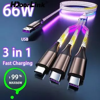 HdooLink RGB 66W 6A кабель для быстрой зарядки 3 в 1 Type C/Micro USB/Linghtning кабель цветной автомобильный зарядный шнур для iPhone Xiaomi зарядное устройство USB кабель 1.2M