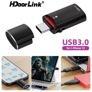 HdoorLink 2 в 1 OTG USB-кардридер USB Type C в адаптер для TF-карт Конвертер Высокоскоростной адаптер для TF-карт для iphone 15 Samsung Xiaomi чёрный