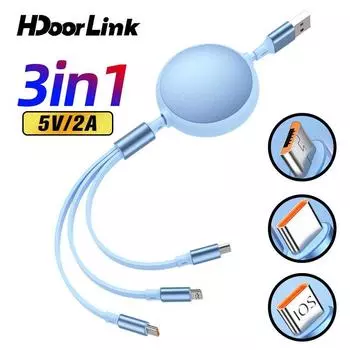 HdoorLink 3 в 1 USB-кабель типа C 6A, кабель для быстрой зарядки, кабель для зарядного устройства для телефона, выдвижной для iPhone 14, 13, 12 Pro Max, Huawei чёрный