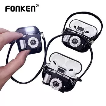 HdoorLink 3D игрушка-камера, блестящий чехол для наушников из ТПУ с коротким ремнем для Airpods 1 2 3 Pro, чехол для наушников Airpods 3, защитный чехол For Airpods 1/2 чёрный