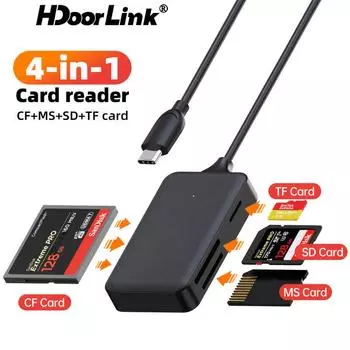 HdoorLink 4 в 1 USB/Type C кард-ридер SD/TF/CF/MS смарт-карт памяти высокоскоростной передачи OTG смарт-карт-ридер USB для ПК ноутбука iPhone Type-C Port чёрный