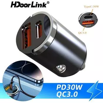 HdoorLink PD30W Автомобильное зарядное устройство USB C Адаптер сверхбыстрой зарядки для Samsung Xiaomi PD Quick Charge 3,0 Двухпортовое мини-автомобильное зарядное устройство