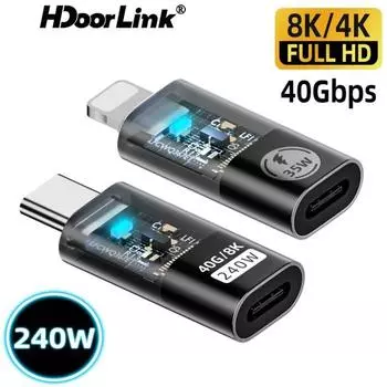HdoorLink Прозрачный адаптер PD240W USB4.0 40 Гбит/с Type C - C 8K@60 Гц 5A для быстрой зарядки iPhone 16 15 14 Mac Pro Samsung Galaxy Lightning Female to Type-C Male