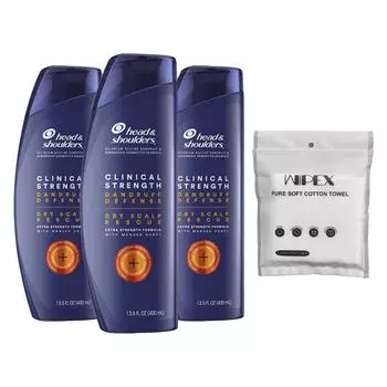 Head & Shoulders Clinical Strength Dangraf Defense Dry Scalp Rescue Шампунь 400 мл 3 шт + полотенце Wipex Pure Soft Cotton, белое, 6 шт, 1 комплект
