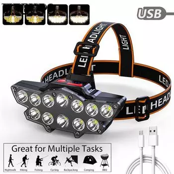 Head Torch Outdoor Night Fishing Lighting Waterproof Rechargeable Mining Lamp Strong Light Headlamp чёрный
