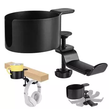 Headphone Hanger 2 in 1 Desk Cup Holder Easy to Install Anti-Spill Water Bottle Stand Aluminum Alloy 360° Rotating чёрный
