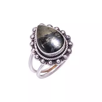 Healer S Gold Pyrite In Magnetite Gemstone 925 Sterling Silver Ring V9472, Black & Gold Ring, Pear Ring, Valentin s Day Gift, Gift For Her, Birthday G