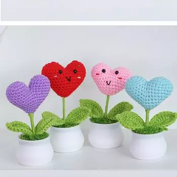 Heart Crochet Flowers Potted Colourful Knitted Plant Creative Artificial Flower Wedding Car Desktable Decor
