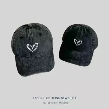 Heart Embroider Matching Baseball Cap Women s Washed Soft Top K-style Casual All-Matching Fashion Fall and Winter Kids Peaked Cap Black Kids 51-53cm