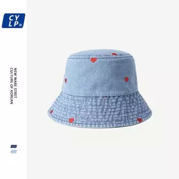 джинсовая шляпа-ведро с вышитым сердцем, женская, в стиле Харадзюку, ретро, в стиле Гонконга, версия шляпы-ведро для весенне-летней погоды, шляпа-ведро M56-58cm темно-синий