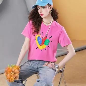 Heart F398 European Goods Fashion Short Sleeve Anti-Aging Top Pink In Stock M