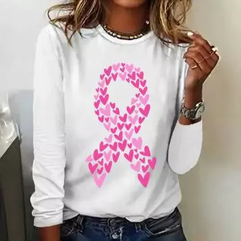 Heart Motif Pink Ribbon Print Designer Women s T-shirts Fashion Fall Cotton Long Sleeves T shirt Casual O-neck Women Clothing S