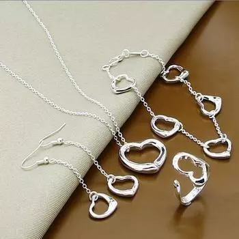 Heart Necklace Earrings Ring Bracelet, Set T117