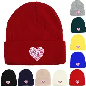 Heart Pink Butterfly Warm Knitted Hat Beanie, Valentine s Day Woman Cap Stretchable Versatile Stylish Bobble Hat Knitted Cap Beanie as the picture темно-синий