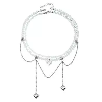 Heart-shaped Zircon Double Chain Tassel Design Collarbone Chain Crystal Necklace