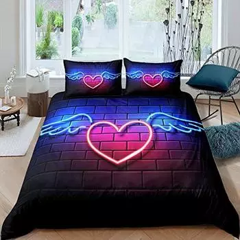 Heart Wings Neon Duvet Cover Set Valentine s Day Bedding Set 3pcs for Lover and Couple Romantic Theme Microfiber Comforter Cover EU Single(135x200cm)