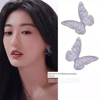 Heartbeat Signal Sun Leyan Same Style Earrings Leyan Purple Enamel Butterfly Studs Earrings Elegant Fancy Tide