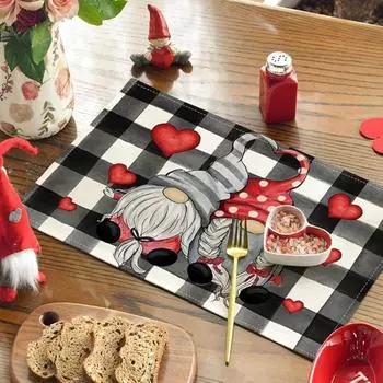 Hearts Gnomes Love Buffalo Plaid Valentine s Day Placemats Anniversary Wedding Holiday Table Mats for Party Kitchen Dining Decoration 1PC
