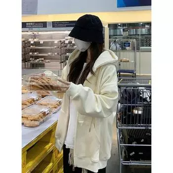 Heavy 260 крупная рыбья чешуя ранняя осень кардиган студенческая куртка женская абрикосовая толстовка на молнии оверсайз новый топ M