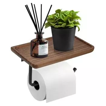 Heavy Duty and Premium Toilet Paper Holder with Shelf Black,Wooden Wall Mount Tissue Paper Roll Holder with Screw - Bathroom Accessories