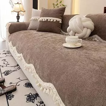 Heavy Duty Tassel Trim Chenille Twill Sofa Cushion Cover - Non-Slip All-Season Slip-Resistant Couch Seat Pad, Decorative Fringe 70*70cm коричневый