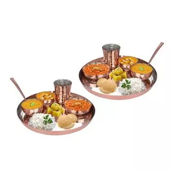 Heavy Gauge Stainless Steel Dinner Set | Copper Colour Plated Hand Hammered Steel Thali Set | Stainless Steel Dinner Set for Kitchen